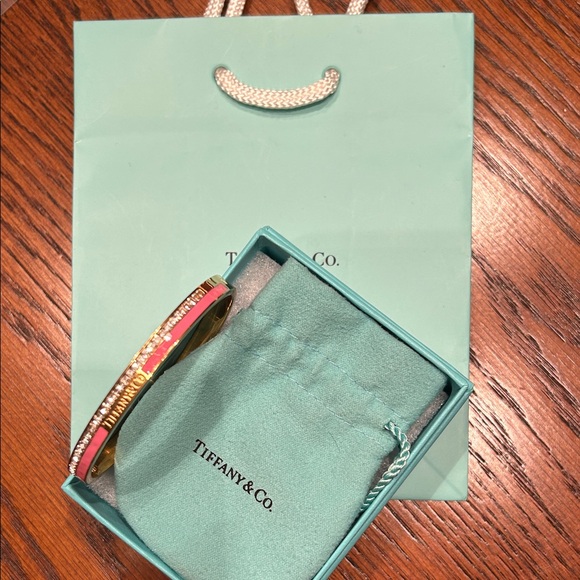 Tiffany & Co. Pink Enamel and Crystal Gold Bangle Bracelet - Picture 2 of 4